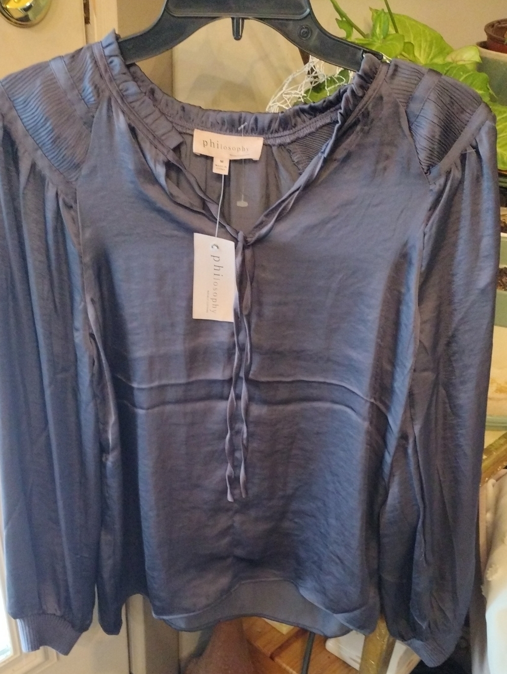 Philosophy Slate-Blue Tie Front Long Sleeve Blouse